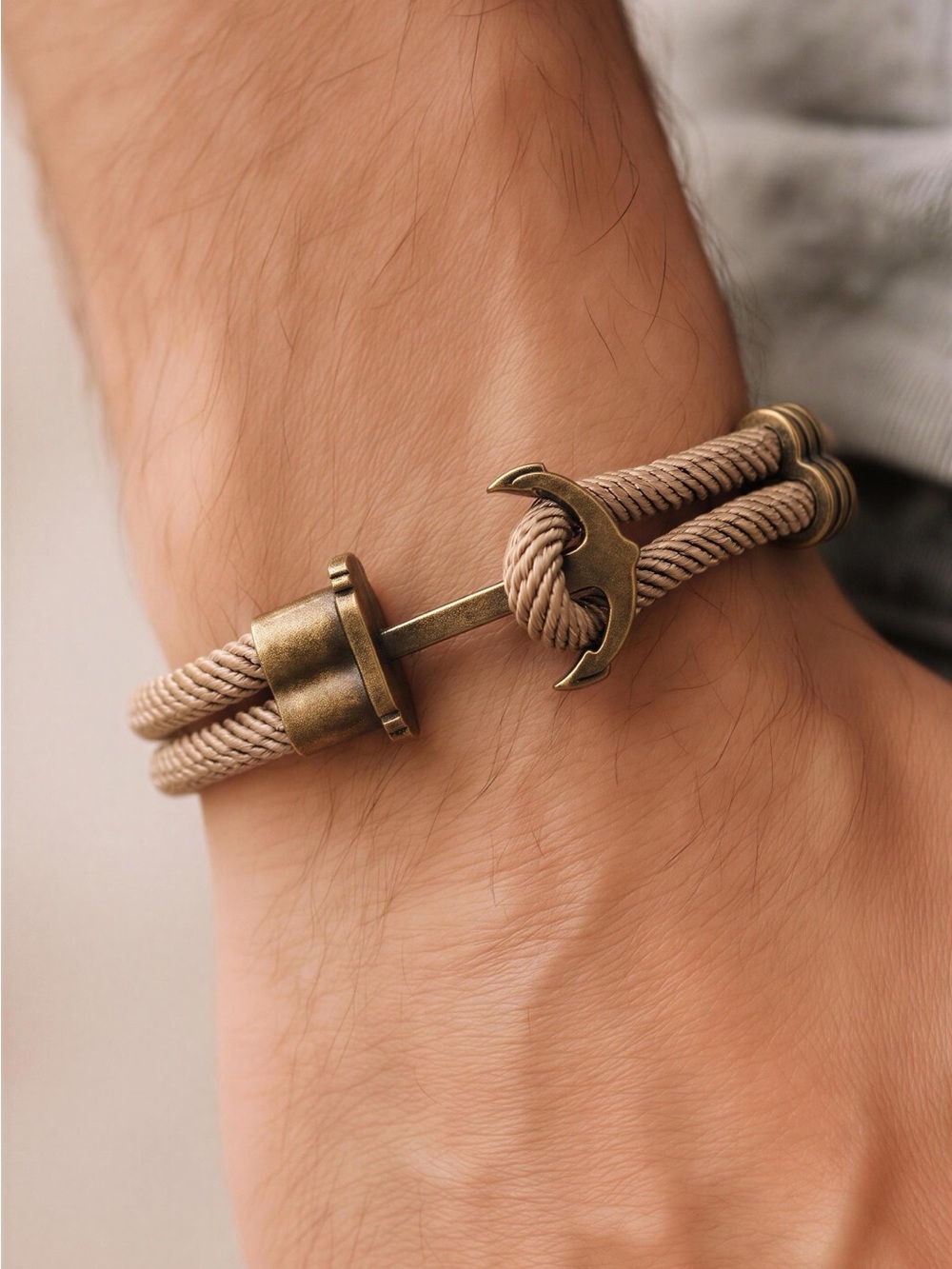 Roper Beige Rope Bracelet with Antique Brass Anchor